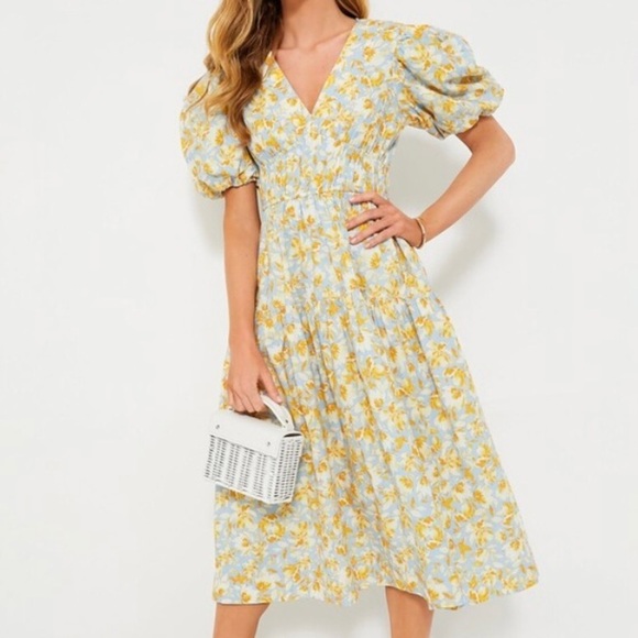 Hyacinth House Dresses & Skirts - NEW Tuckernuck Puff Sleeve Midi Dress Women XXS Blue/Orange Floral HyacinthHouse